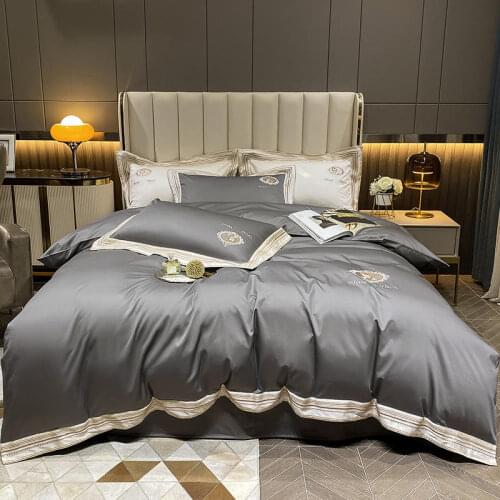 Gray Egypt Cotton Chic Embroidery Bedding Set Luxury Solid Color Soft Duvet Cover Flat Sheet Bedspread Pillowcase Home Textile