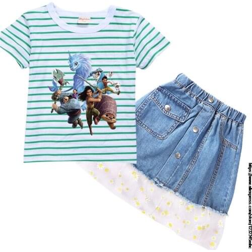 Raya and The Last Dragon Girls Clothes Sets Hot Summer stripe Short Sleeve Top+ Denim Print Skirt Childrens Clothing Suit