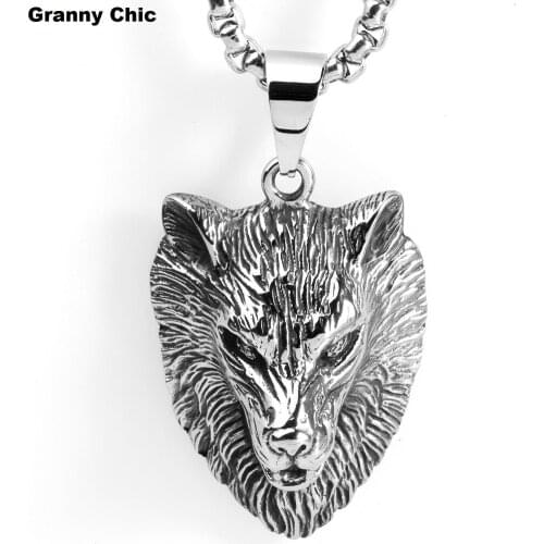 Granny Chic Mens Cool Jewelry Big Silver Stainless Steel Ferocious Animal Wolf Pendant Necklace Hip Hop