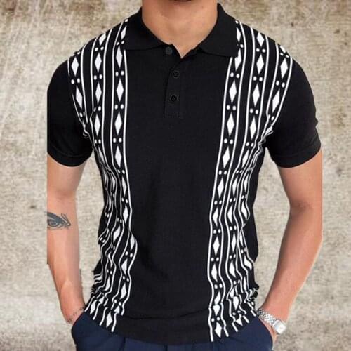 2021 Fashion Men Short Sleeve Slim Polo Shirt Vintage Pattern Print Patchwork Knit Polo Shirt Men Casual Button Lapel Pullover