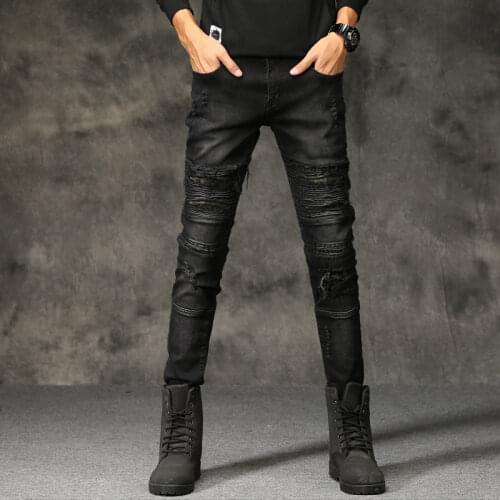 2020 Mens Jeans Ripped Destroyed Biker Jeans Hip Hop Stretchy Denim Pants Slim Fit Male Patches Hole Male High Street Trousers