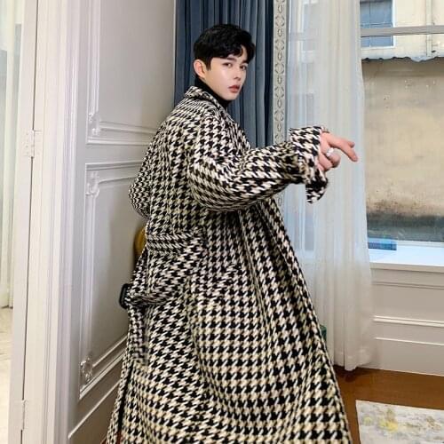 Mens Houndstooth Retro Woolen Overcoat Windbreaker Long Coat With Belt Loose Thick M31