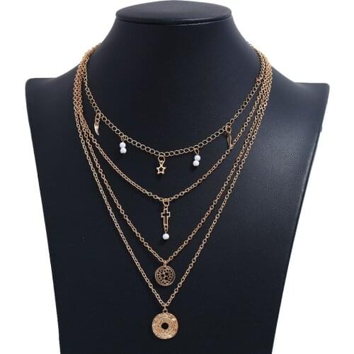 New Fashion Creative Star Cross Pearl Love Geometric Hollow Disc Multilayer Necklace