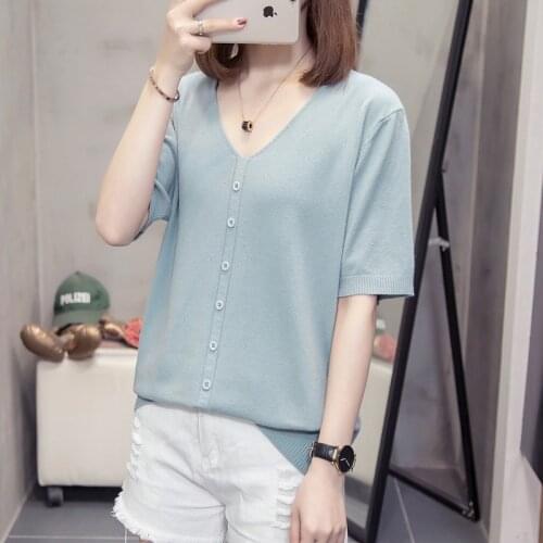 Plus size Button V Neck Sweater Women Knitted Pullover 2021 Summer Basic Slim Lady Sweaters Knit Jumper Korean Chic Tops