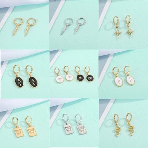 1Pair New Punk Enamel Snake Cone Cross Hoop Earrings For Women Vintage Fashion Square Butterfly Oval Sun Circle Small Ear Stud