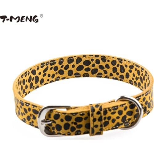 T-MENG Brand New Genuine Leather Dog Collar Leopard Printing Pattern Pet Dog Collars Fashion Necklace Good For Pet Products