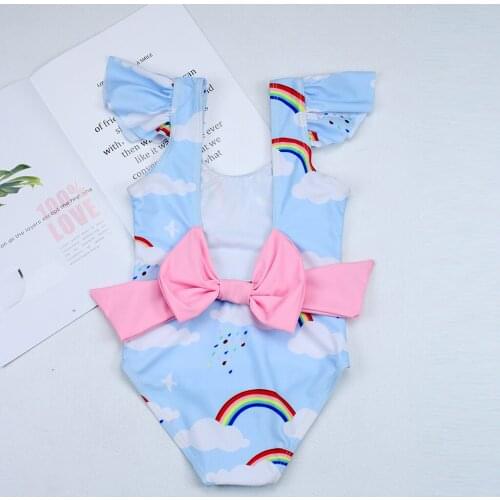 2019New Swimsuit Girls One Piece Swimwear Children Bodysuit Pretty Rainbow and Cloud Print Big Bowknot Swimsuit