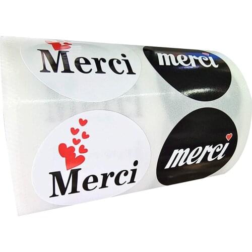 1.5" Merci Stickers French Thank You Sickers White Black Heart Labels Merci French Thank You Labels Business Stickers Envolope