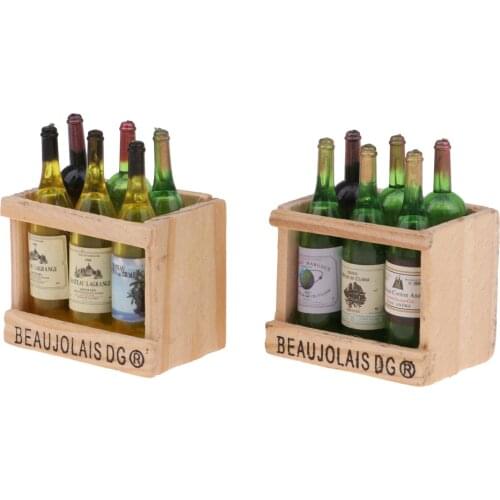 2 Sets Drink Wine Champagne Bottles with Magnet Wooden Storage Rack for 1/12 Dollhouse Miniature