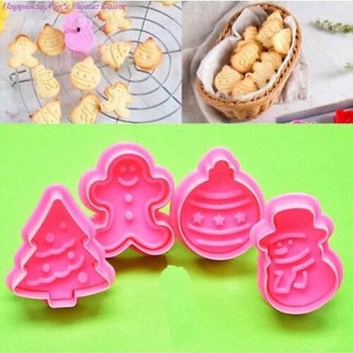 4Pcs/Set Food Grade Plastic Christmas cookie cutter,Kitchen Baking Tools,Plunger Stamp Die Fondant Cake Decorating Tools