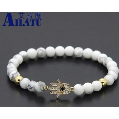 Ailatu Wholesale 6mm Natural White Howlite Marble Stone Beads Micro Pave Zircons Fatima Hand Hamsa Charm Bracelets Girl Gift