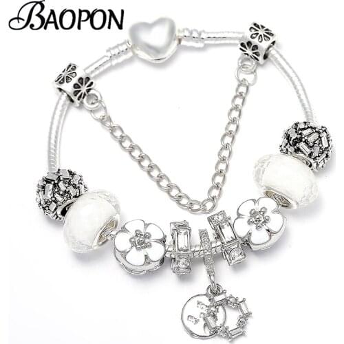 BAOPON Dropshipping Silver Plated DIY Charm Bracelet With White Flower Beads Fit Brand Bracelets For Women Couple Jewelry Gift