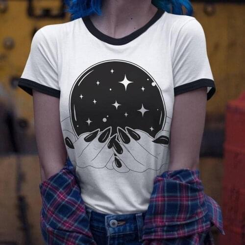 Crystal Ball Ringer White & Black Witchy Vibes cute t-shirt funny women 100% Cotton casual Fashion graphic unisex tee top tshirt