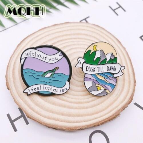 Cartoon Round Geometry Drift Bottle Mountain Peak Moon Sea Enamel Brooch Alloy Badge Denim Clothes Bag Cute Pin Woman Jewelry
