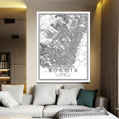 Black And White World City Map BOGOTA Wall Art Canvas Poster Prints Nordic Style Paintings Picture For Living Room