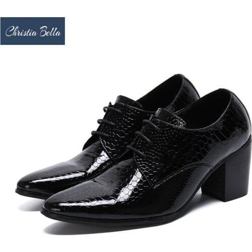 Christia Bella Genuine Leather Men Business Shoes Fashion Plus Size High Heel Lace Up Pointed Toe Formal Party Men Shoes