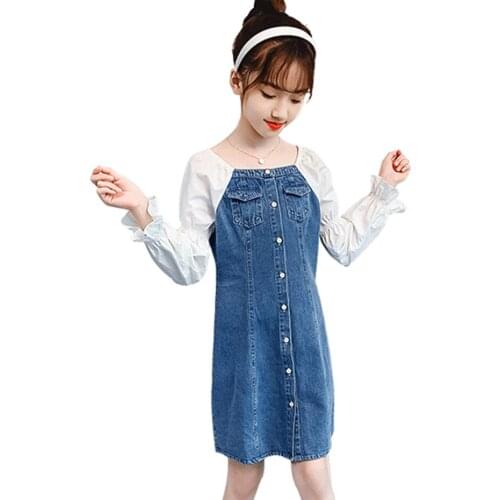 Dress Girl Patchwork Denim Dresses For Girl Spring Autumn Dress Kids Casual Style Costume Girl 6 8 10 12 14
