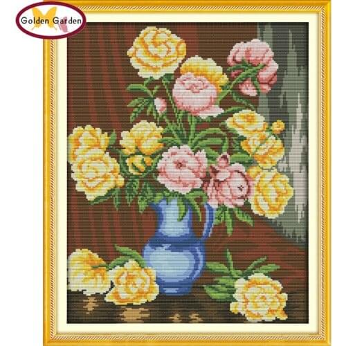 GG Peony Vases Flower Joy Sunday Cross Stitch Needlework Embroidery Sets Handcraft Counted Cross Stitch Patterns for Home Decor