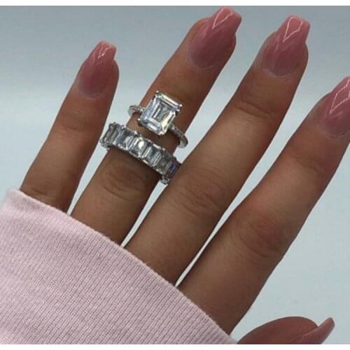 Emerald cut Diamond ring sets Silver color AAAAA Cz Engagement wedding band rings for women Bridal Fashion Party Jewelry