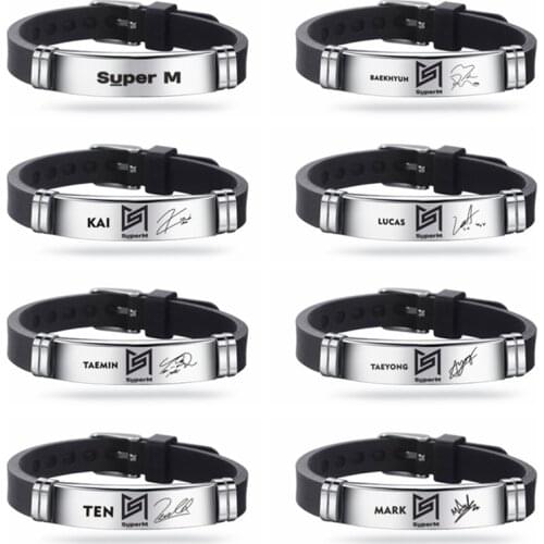 Kpop SuperM Charm Bangle Bracelet EXO NCT127 Silicone Jewelry Stainless Steel Bracelets