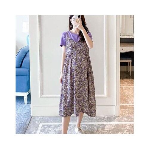 Summer wear new outing fashion round neck floral chiffon dress hot mom fashion maternity dress set