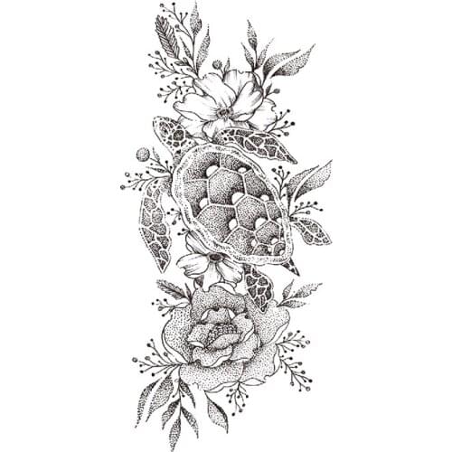 Ocean Turtle Totem Waterproof Temporary Tattoo Sticker Black Rose Flowers Fake Tattoos Flash Tatoos Arm Body Art for Women Men