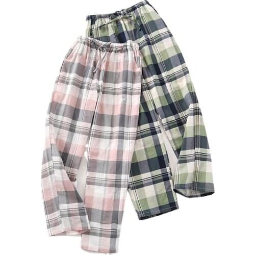 Couple Sleep Pants for Men and Women Spring and Autumn Plaid Design Cotton Long Trousers Loose Home Wear Pants Pajama Bottoms