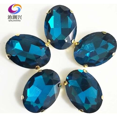 Peacock blue oval shape High quality Glass Crystal sew on stones,golden bottom claw rhinestone,Diy/Clothing accessories SWTG14