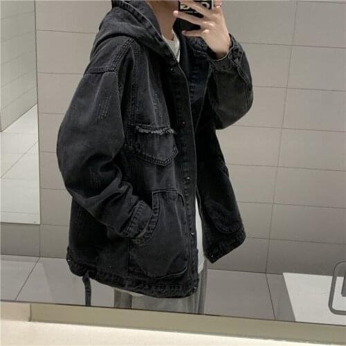Casual Loose Mens Denim Jacket Spring Autumn Solid Korean Hooded Jacket Men High Quality Oversized Mens Jean Jacket