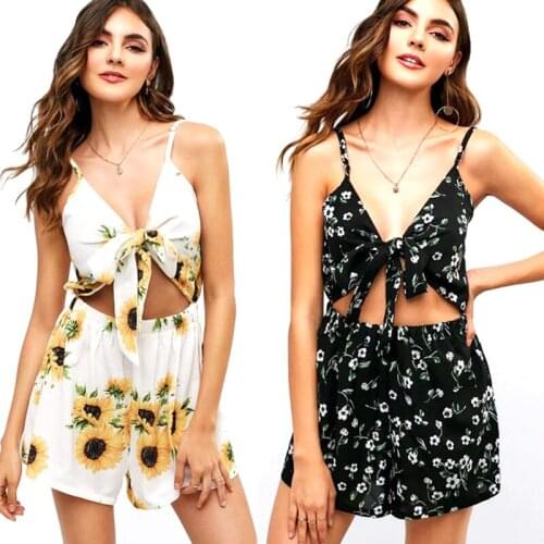 Sexy Women Summer V-Neck Floral Backless Jumpsuit Playsuit Beach Party Sleeveless Women Set