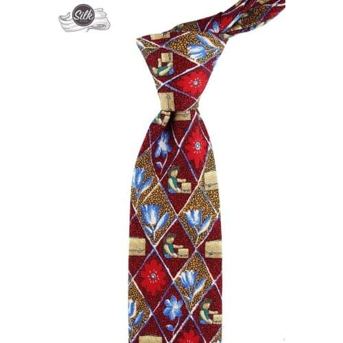 Red Motif Pattern Printed Silk Tie İK608