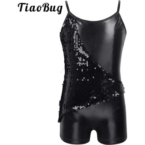 TiaoBug Kids Girls Performance Dance Wear Sequins V-shaped Back Metallic Spaghetti Straps Gymnastics Leotard Ballet Unitards