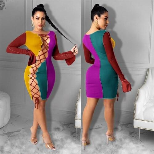 TNNAOFF Fall Sexy Cross Bandage Hollow Out Dress for Women Long Sleeve Bodycon Festival Clothing Streetwear Patchwork Dresses