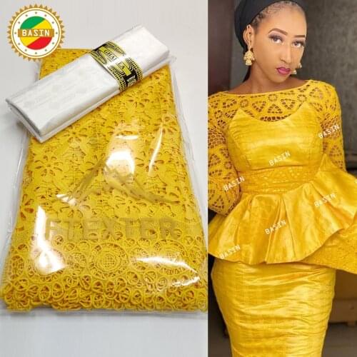 Yellow And White Original Bazin Riche With Guipure Dry Lace For Indian Women Daily Party Dresses Swiss Voile Lace Fabric