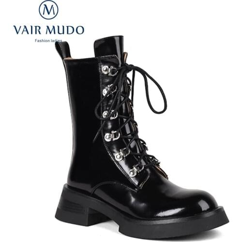 VAIR MUDO Women Ankle Boots Shoes Thick Heels Round Toe Patent Leather Solid Black Lace Up Concise Elegant Spring Autumn WM-X51