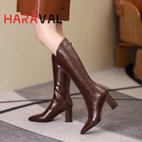 HARAVAL Women Modern Boots Shoes High Heels Autumn Winter Fashion Elegant Shoes Footwear Women Sexy Pointed Toe Brown BlacE550L