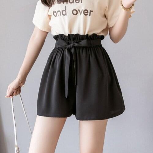 Hiawatha Flower Waist Wide Leg Shorts Women Summer Black Chiffon High Waist Shorts Fashion Loose Short Pants With Belt D4170