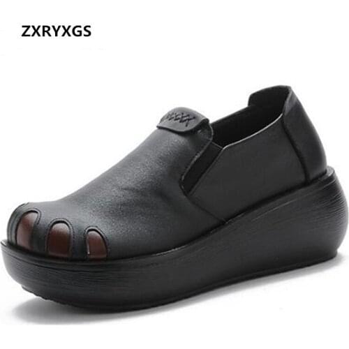 Promotion 2021 New Spring Autumn Retro Genuine Leather Shoes Platform Wedges Heighten Shoes Women High Heeled Shoes Black Brown