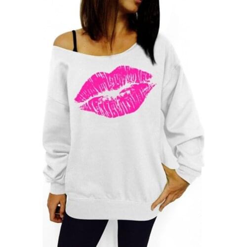 Women Sweartshirt Long-Sleeved Pullovers Autumn Red Big Lips Pattern Tops Sexy Oblique Collar Female Clothing Hot Sale