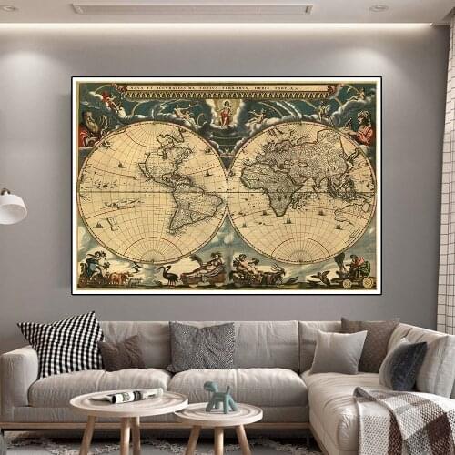 150*100cm Vintage World Map with Medieval Latin Portuguese Decor Wall Art Poster Living Room Home Decoration School Supplies
