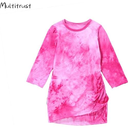 2020 Girl Dress Tie Dye Dress Long Sleeve Pleated Printed Crew Neck Irregular Hem Skirt for Children Dress 2-6Y
