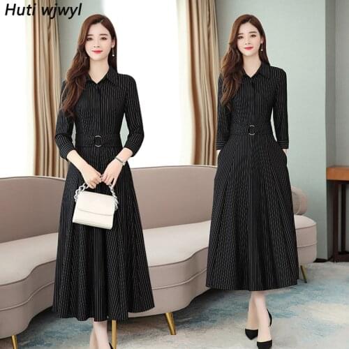 2020 Vintage Black Striped Midi Dresses Autumn Winter 3XL Plus Size Solid Long Sleeve Maxi Dress Elegant Women Party Vestidos