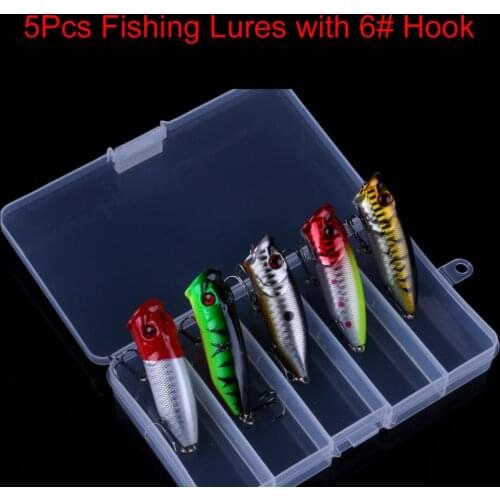 5pcs 6.5cm Colorful Fishing Lure Kit Plastic Metal Popper Floating Lure Pesca Jig Fishing Hook Set With Fishing Tackle Box