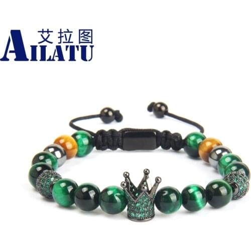 Ailatu New Couples Crown Sets Bracelet 10 Pieces Green & Rose Natural Tiger Eye Stone Beads Thread Wave Macrame Jewelry