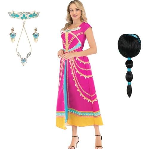 Aladdin Princess Jasmine dress Adult Women cosplay Costume Pink dress Sexy costume Fancy Party Halloween Costume Wigs Neckchain
