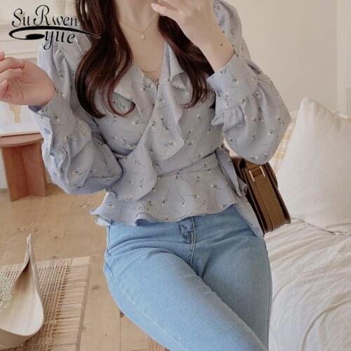 Blusa Mujer Vintage Floral V-neck Flare Sleeve Chiffon Blouse Elegant Ruffles Belt Slim Waist Female Shirts Women Blouse 8778 50