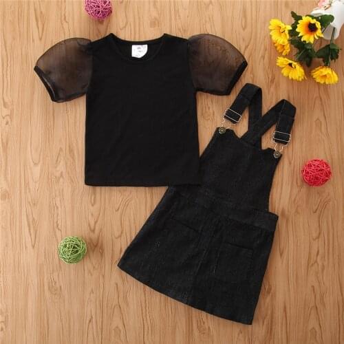 Children Girls Set Solid Black Fashion Puff Sleeve Top Overalls Suspender Skirts Summer Toddler Baby 2 PCS Sets Clothing 9M-5Y
