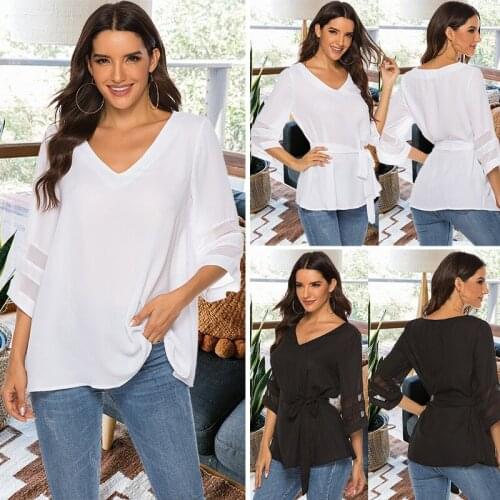 Elegant Top Women Chiffon Blouse Party Shirt Three Quarter Sleeve Mesh V Neck White Shirts With Sashes Belted Blouses Woman