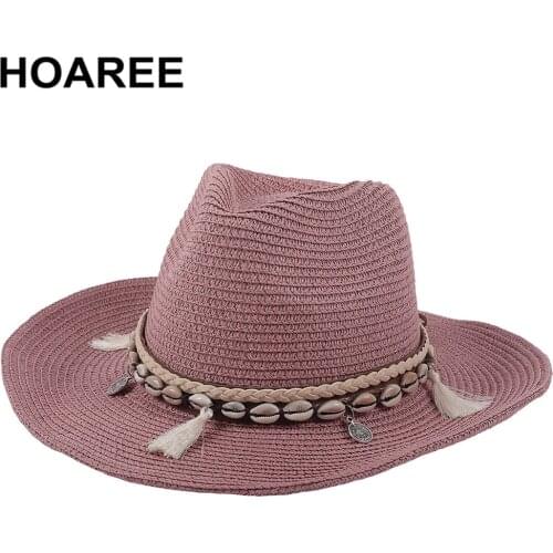 HOAREE Women Purple Sun Hat Shell Decorate Panama Summer Straw Hat Ladies Sombrero Female UV Protection womens summer hats