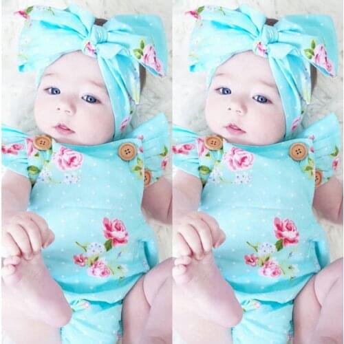 Newborn Baby Girls Floral One-pieces Romper Sunsuit Headband Clothes Set 0-24M